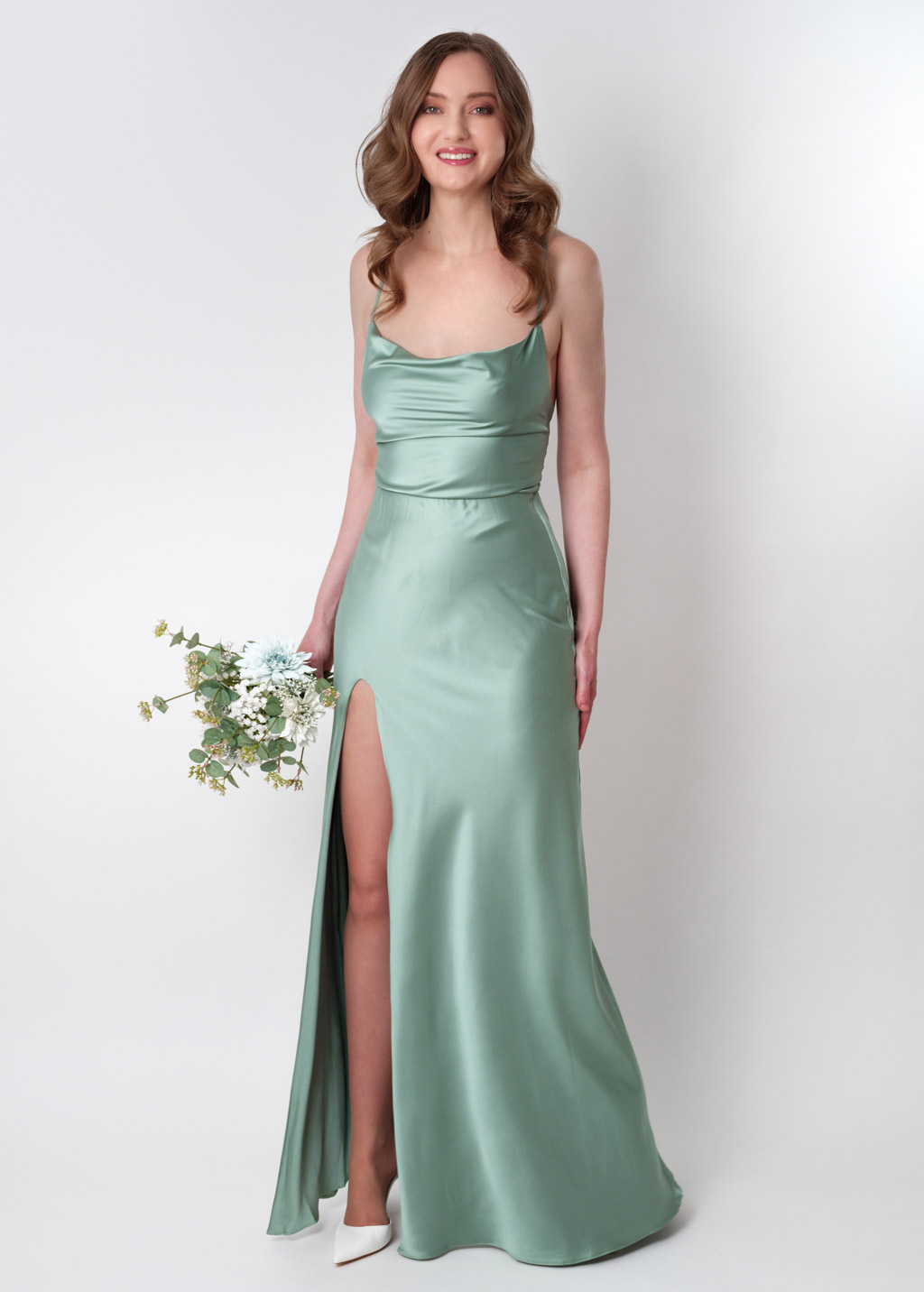 Sage green silk slip slit dress