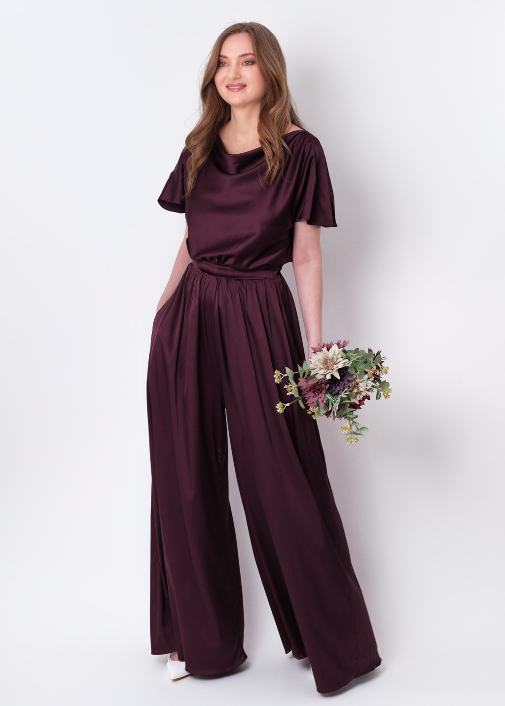 Dark burgundy silk jumpsuit