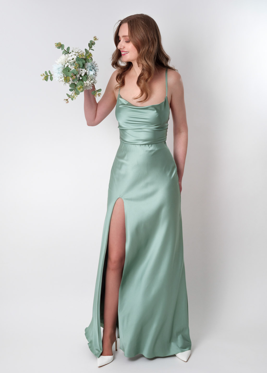 Sage green silk slip slit dress