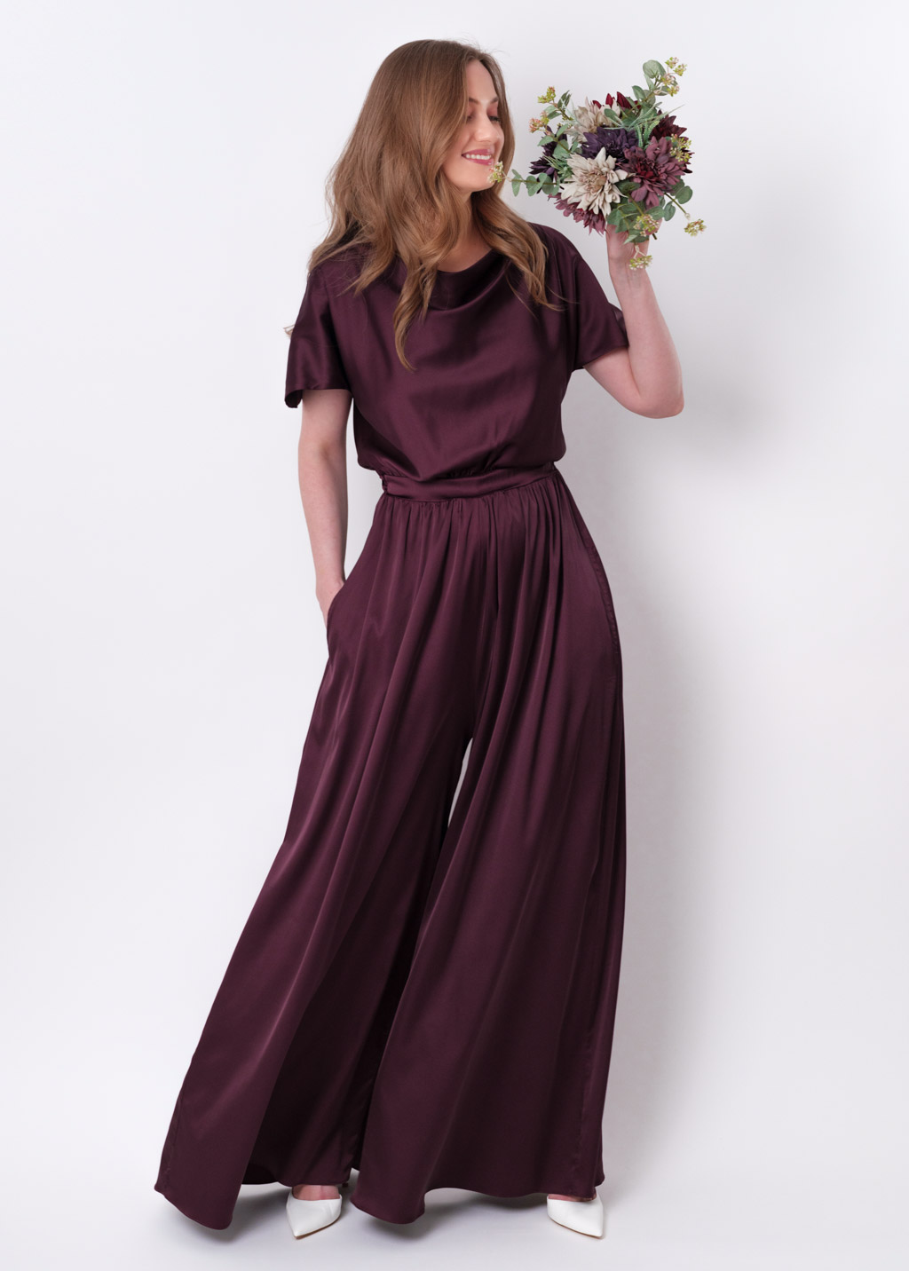 Dark burgundy silk jumpsuit