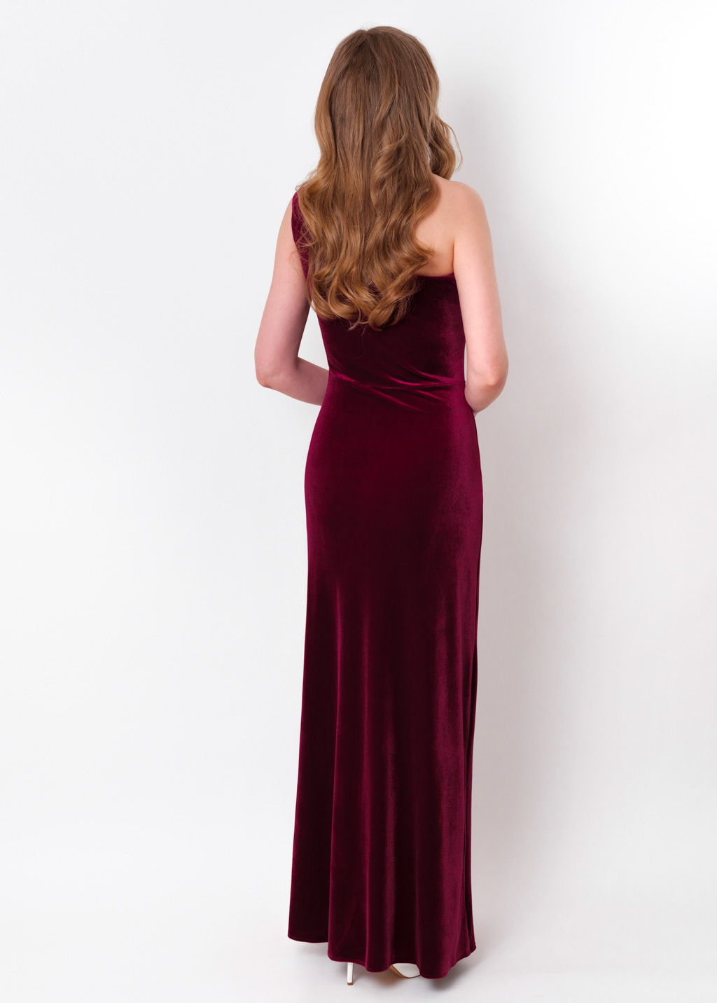 Plum burgundy velvet one shoulder slit dress