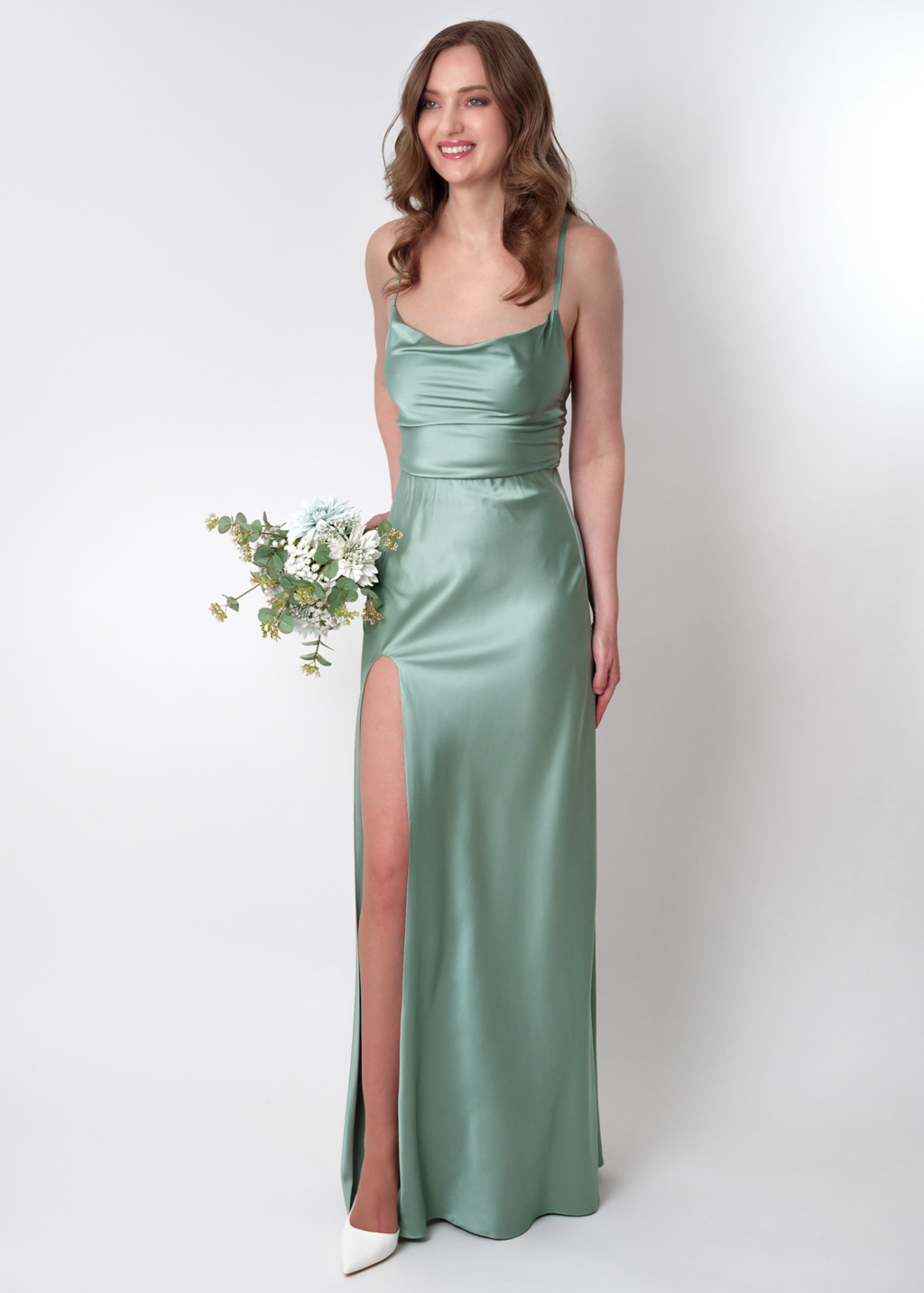 Sage green silk slip slit dress