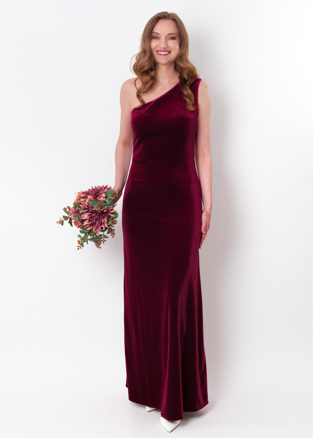 Plum burgundy velvet one shoulder dress