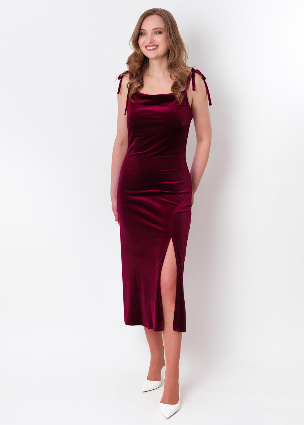 Plum burgundy slip slit velvet bodycon dress