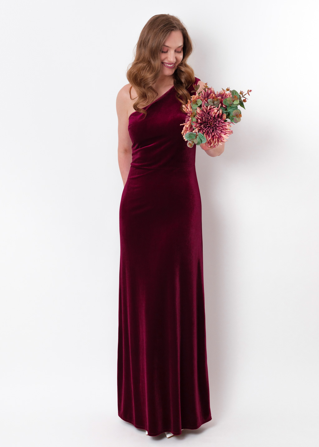 Plum burgundy velvet one shoulder dress