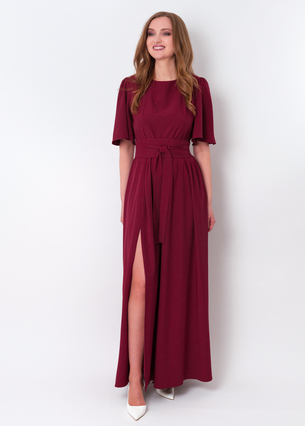 Burgundy long slit dress with belt