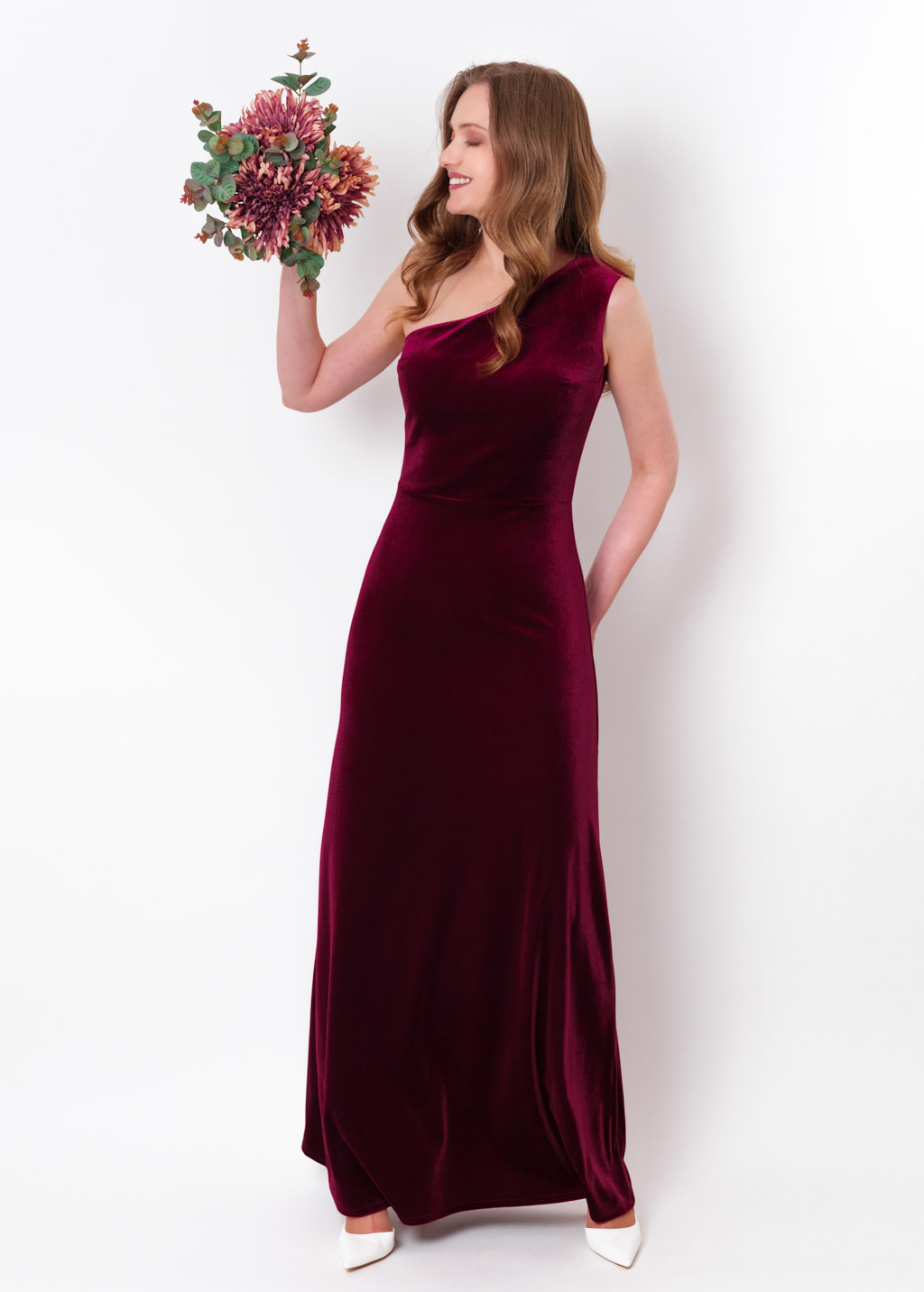 Plum burgundy velvet one shoulder dress