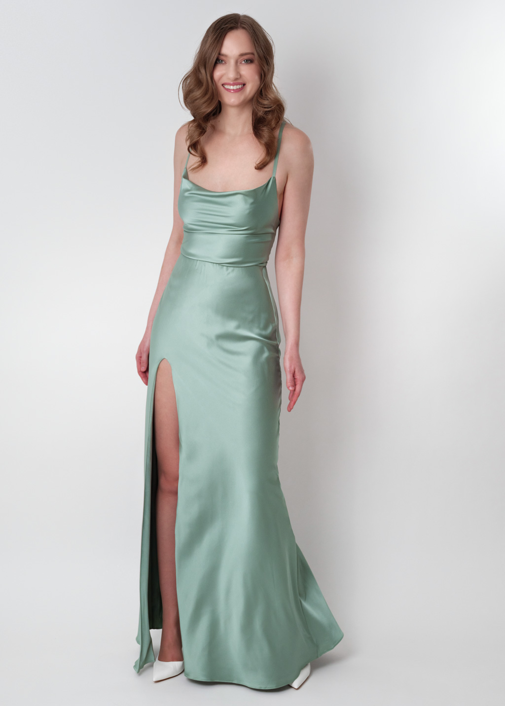 Sage green silk slip slit dress