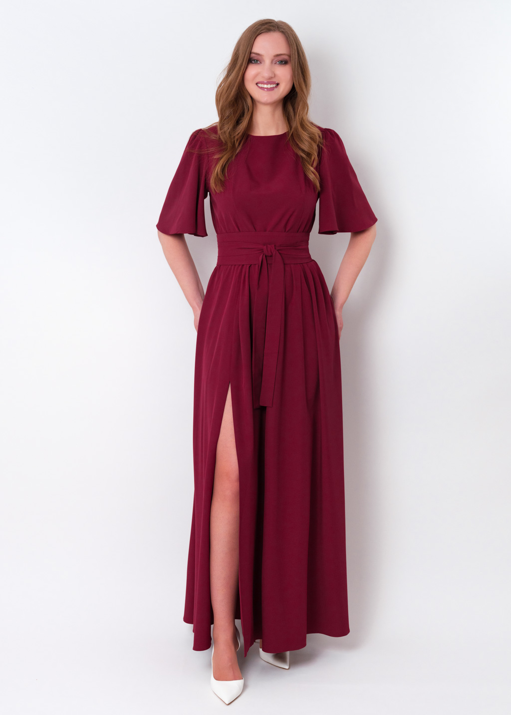 Burgundy long slit dress with belt