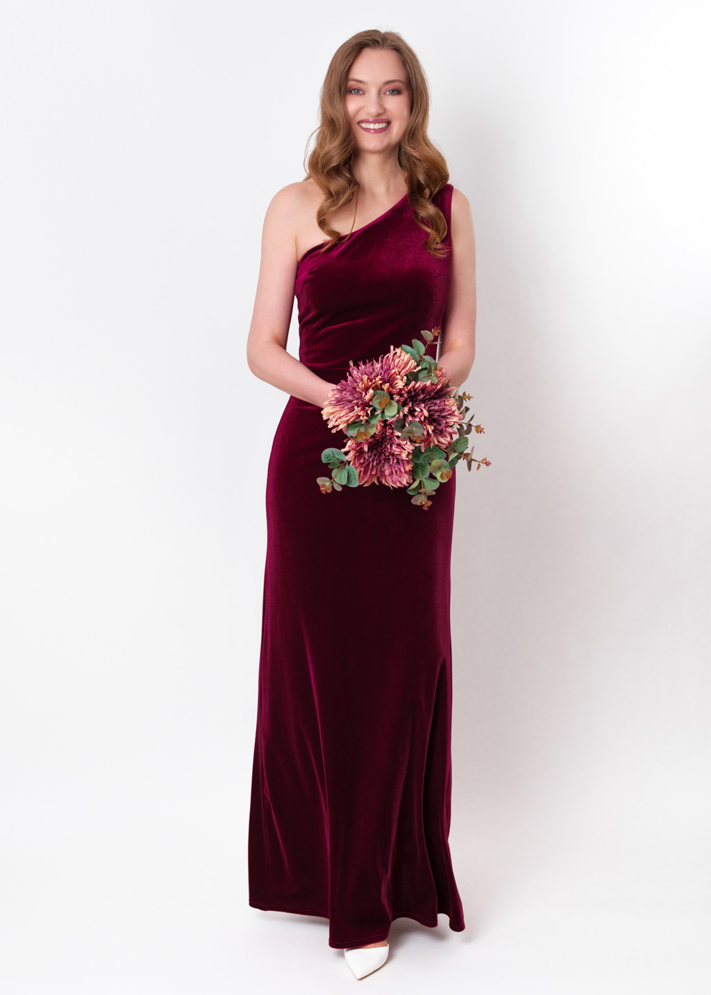 Plum burgundy velvet one shoulder dress