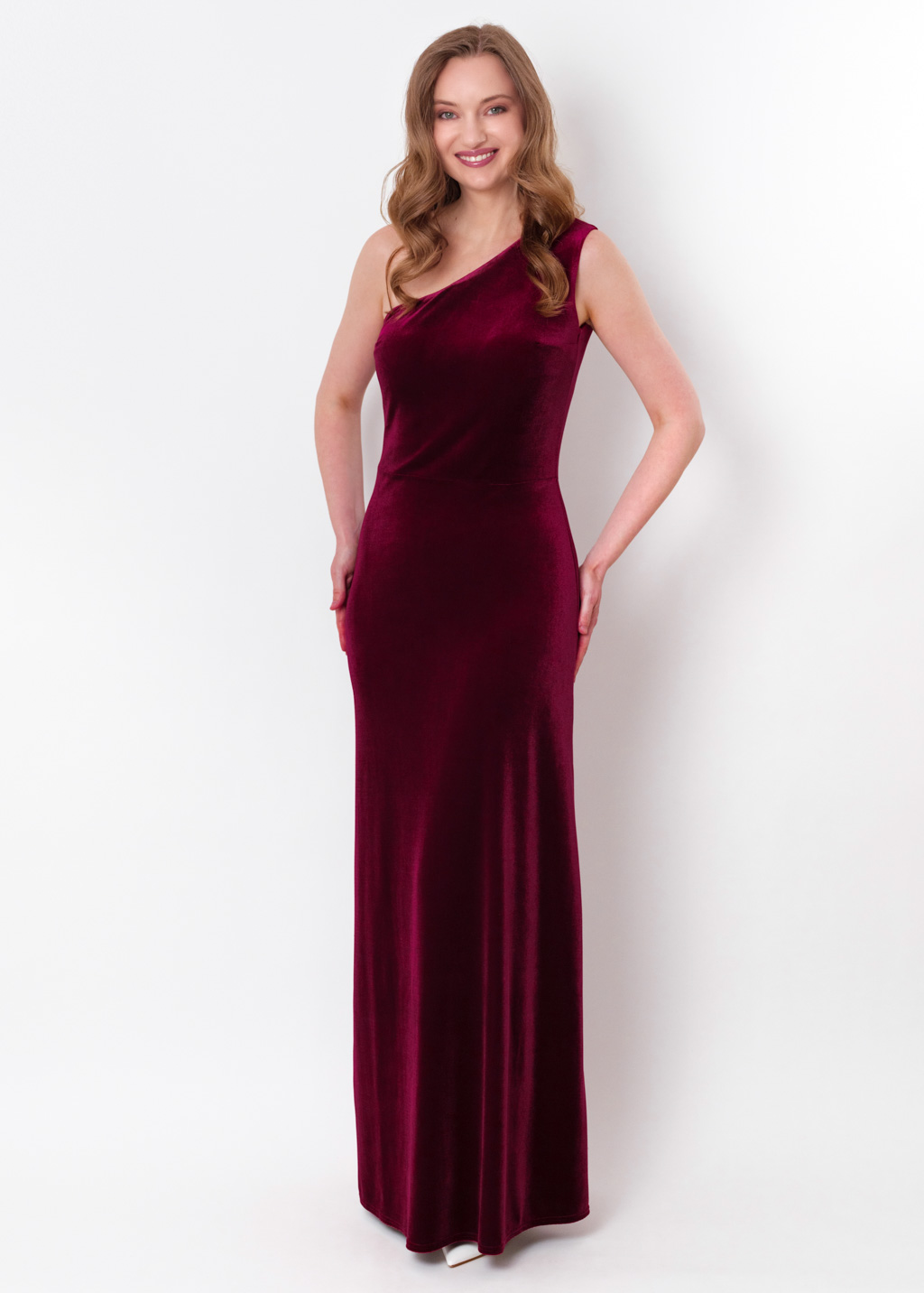 Plum burgundy velvet one shoulder dress