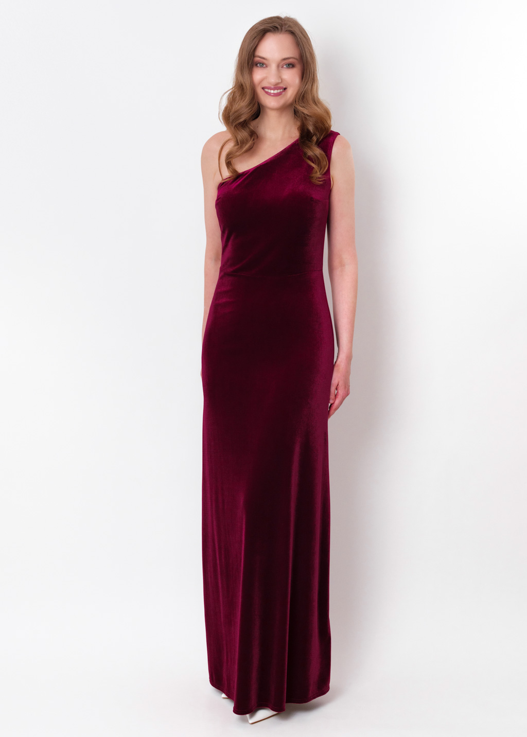 Plum burgundy velvet one shoulder dress