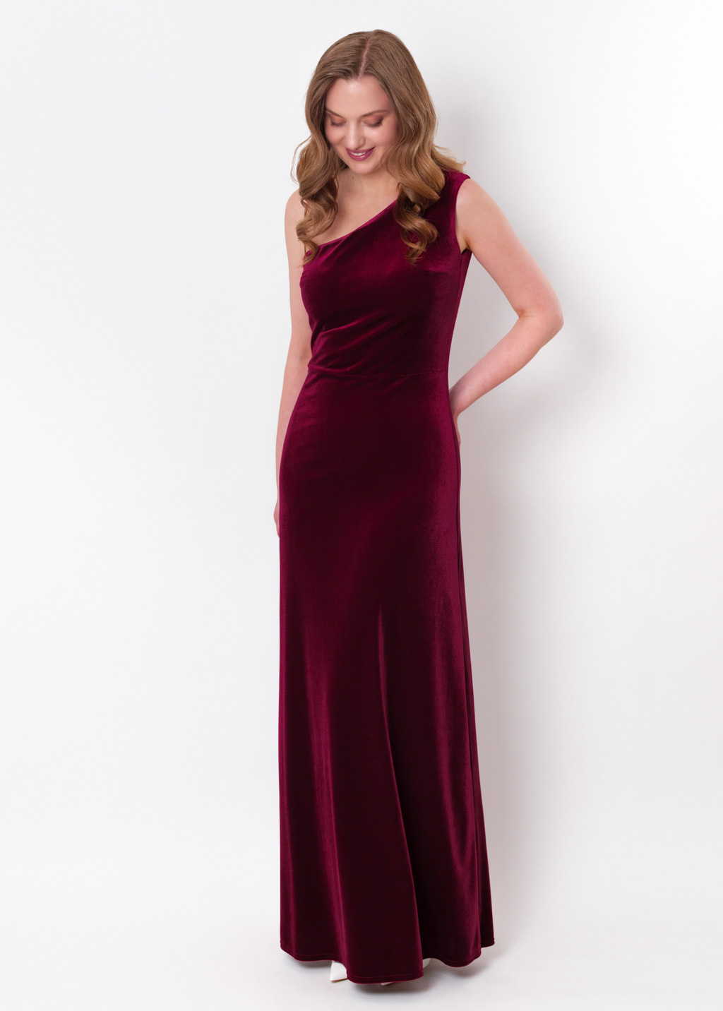 Plum burgundy velvet one shoulder dress