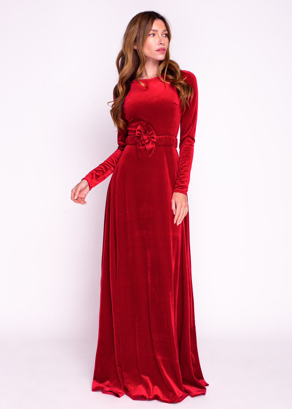 Red velvet long dress with belt