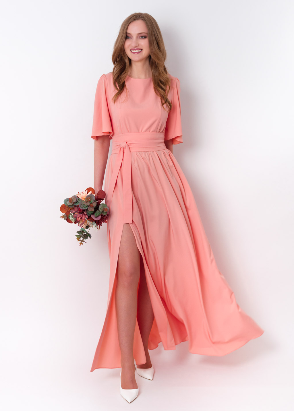 Blush pink long slit dress with belt