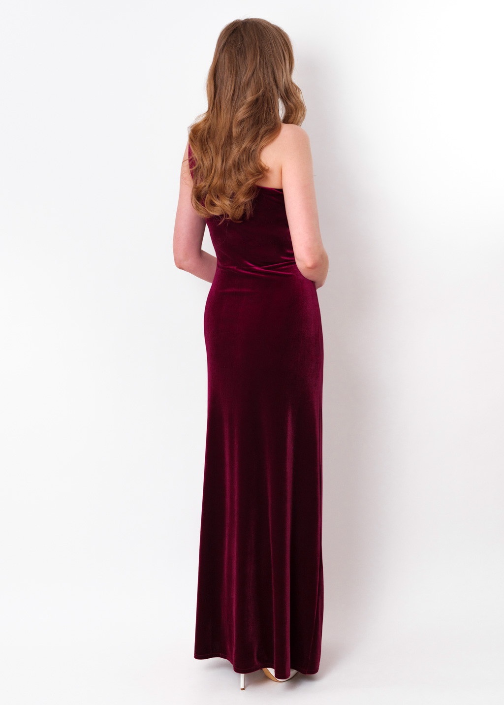 Plum burgundy velvet one shoulder dress