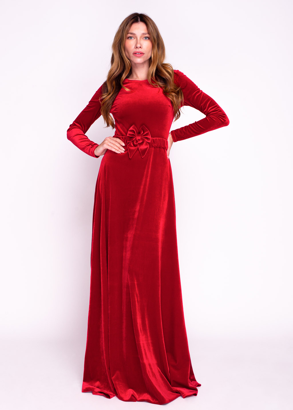 Red velvet long dress with belt