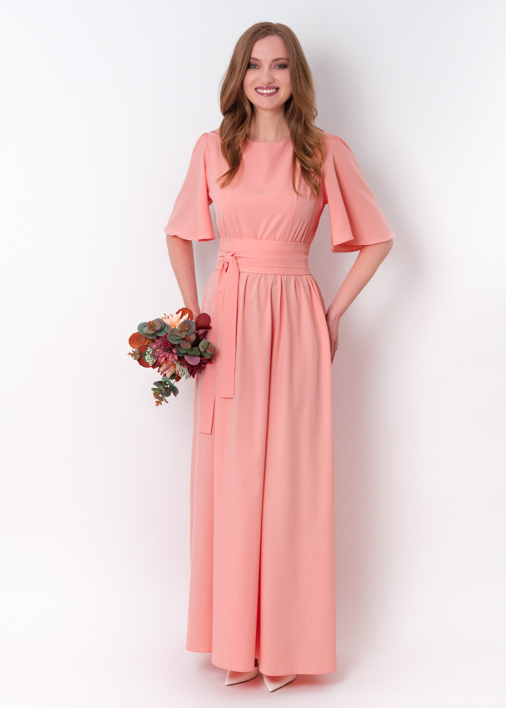 Blush pink long slit dress with belt
