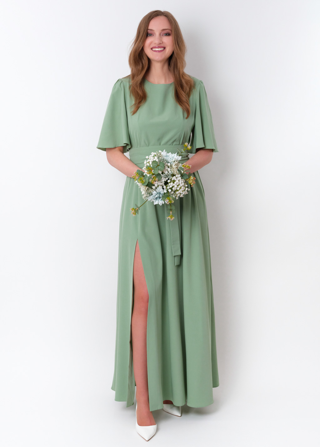 Sage green long slit dress with belt