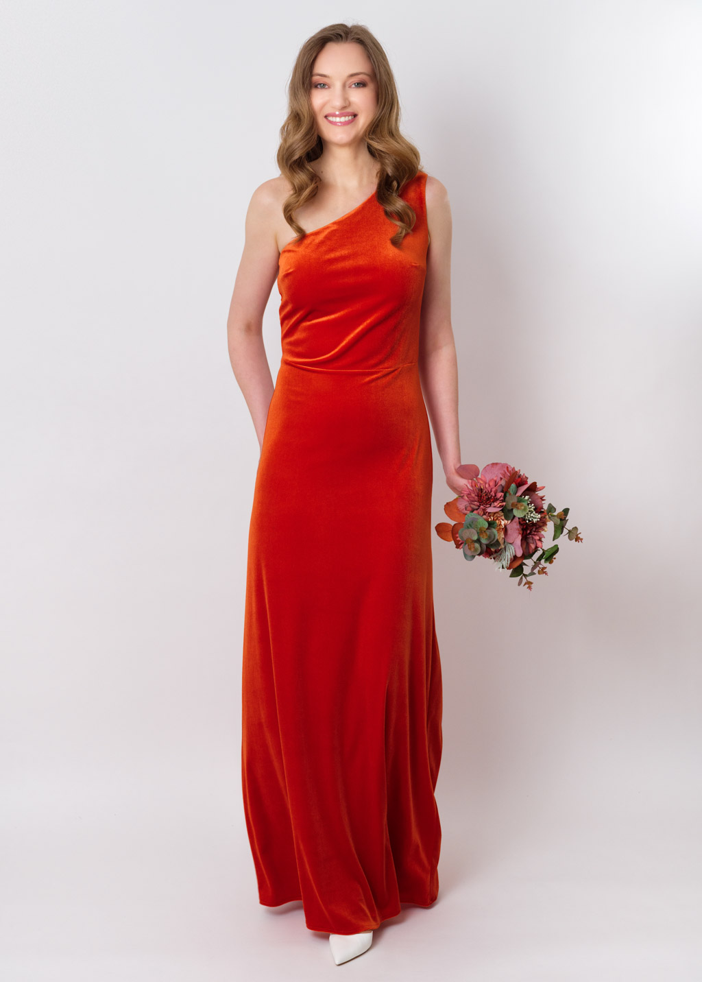 Rust orange velvet one shoulder dress