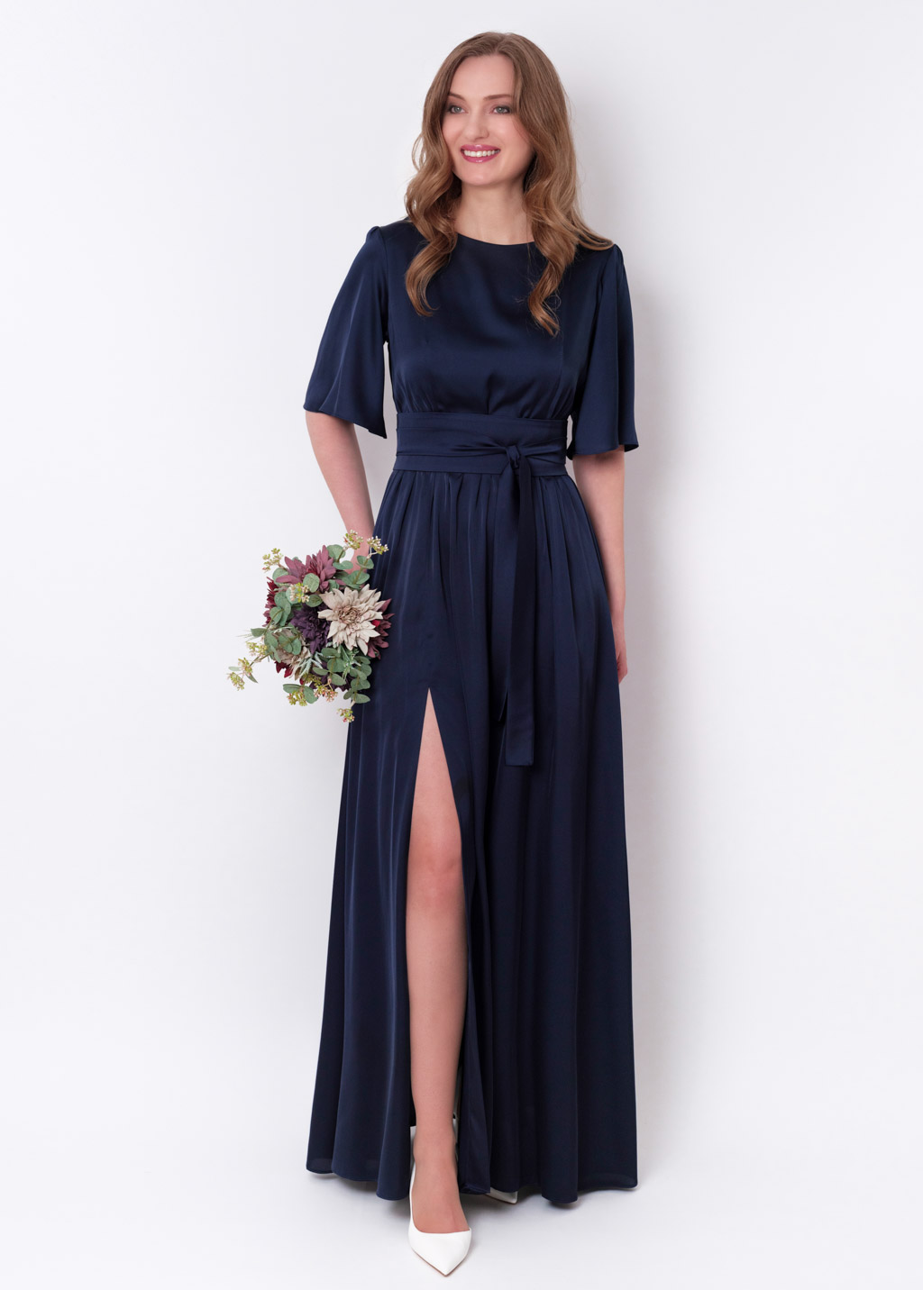 Navy blue slit silk dress with belt