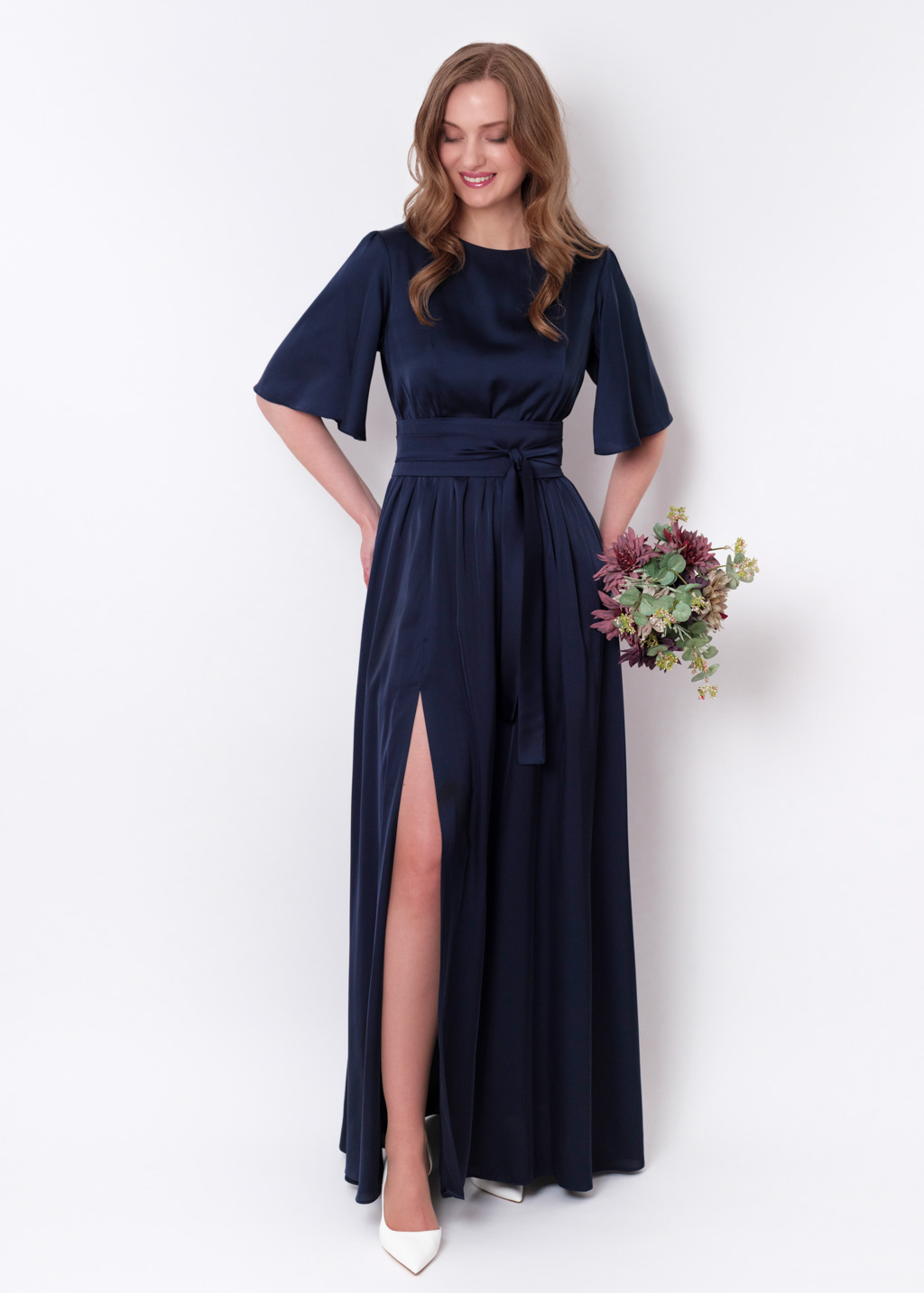 Navy blue slit silk dress with belt