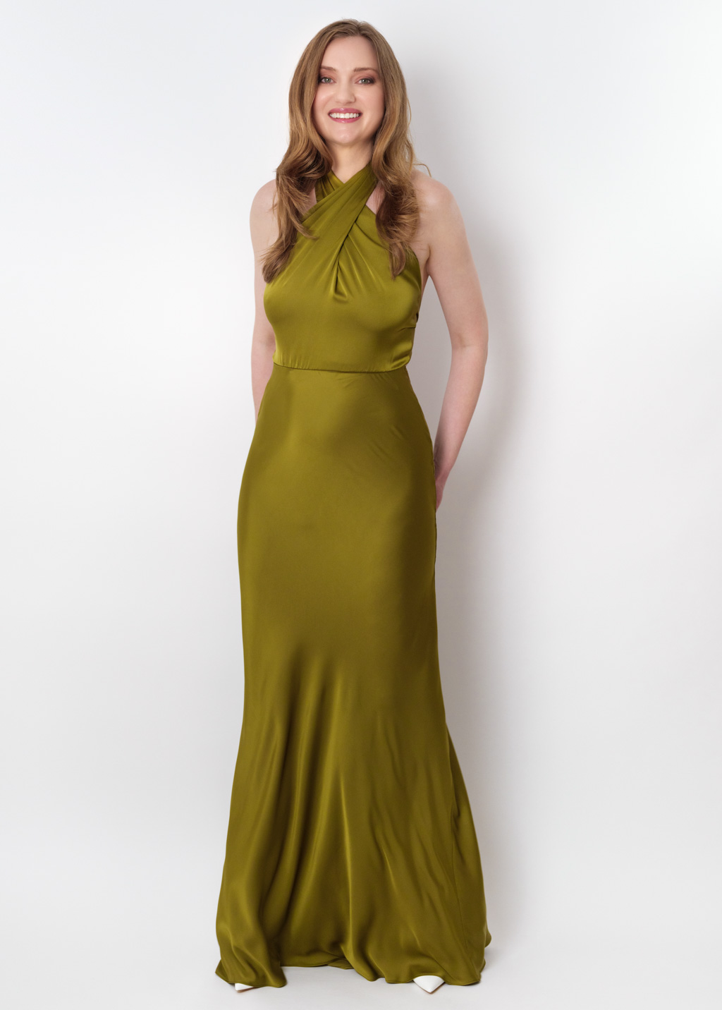 Olive silk long halter dress