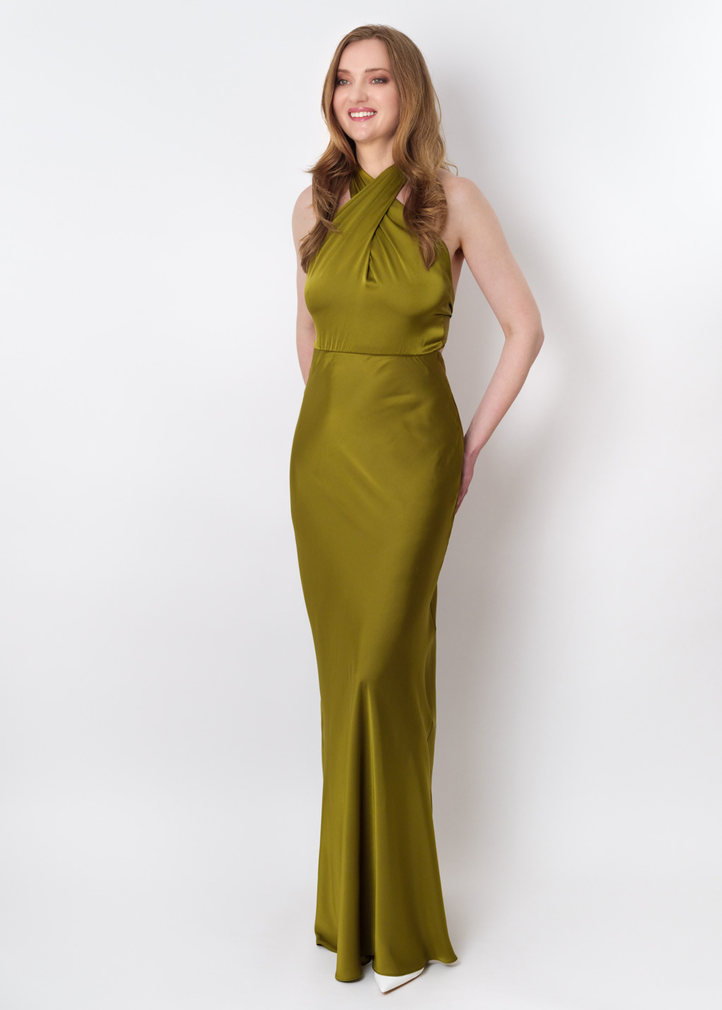 Olive silk long halter dress