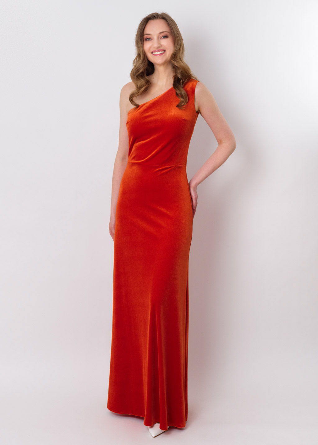 Rust orange velvet one shoulder dress