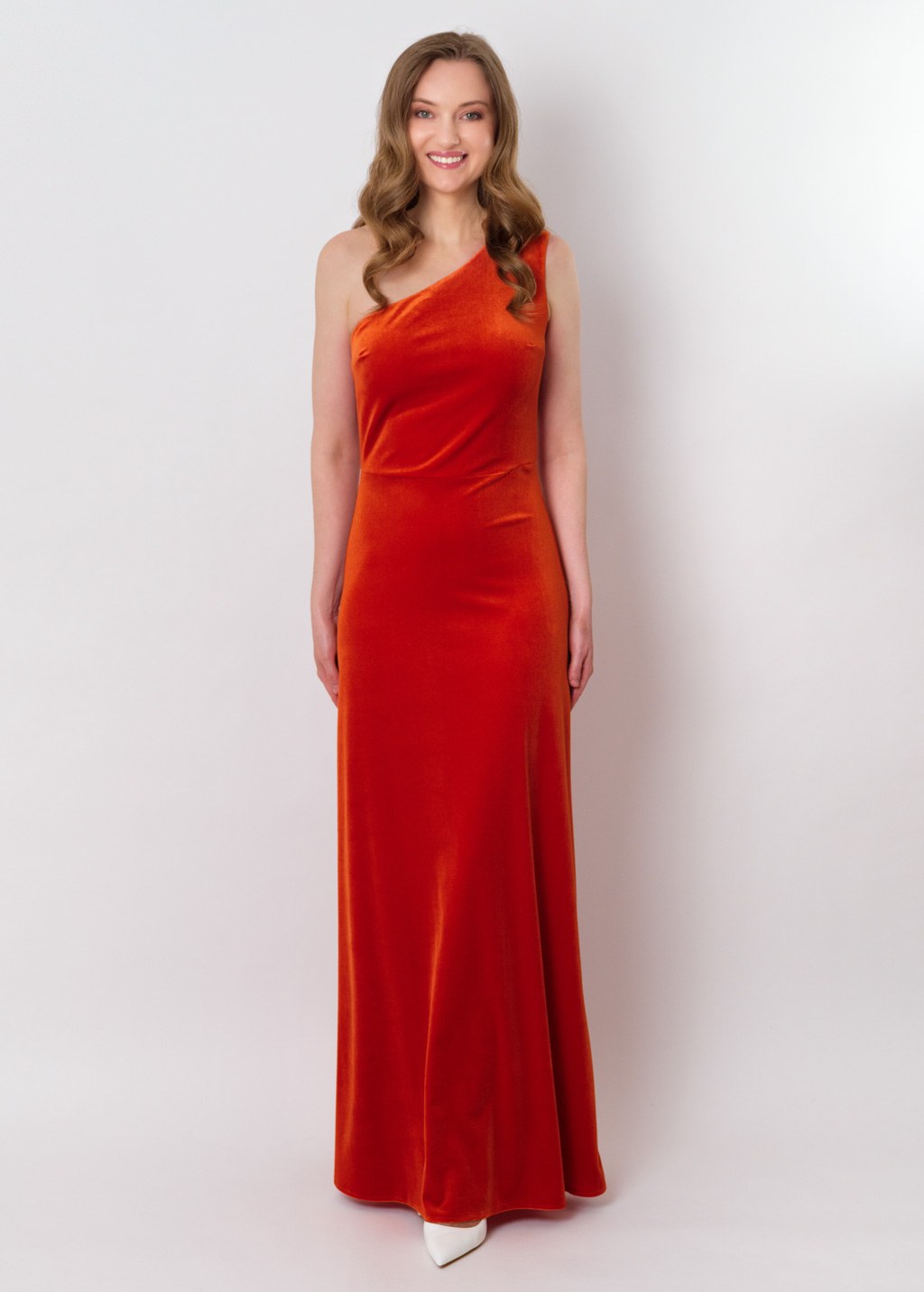 Rust orange velvet one shoulder dress