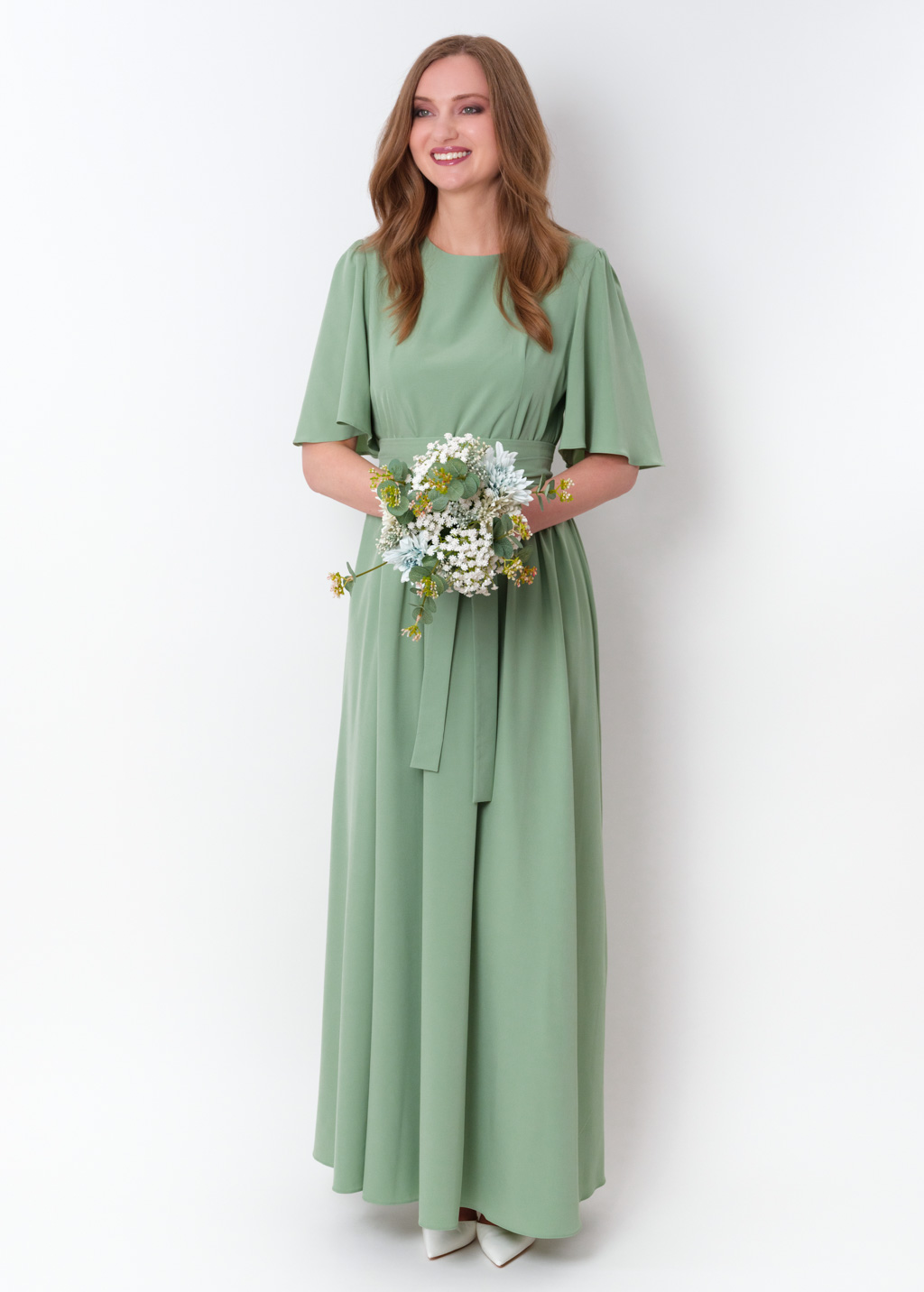 Sage green long slit dress with belt