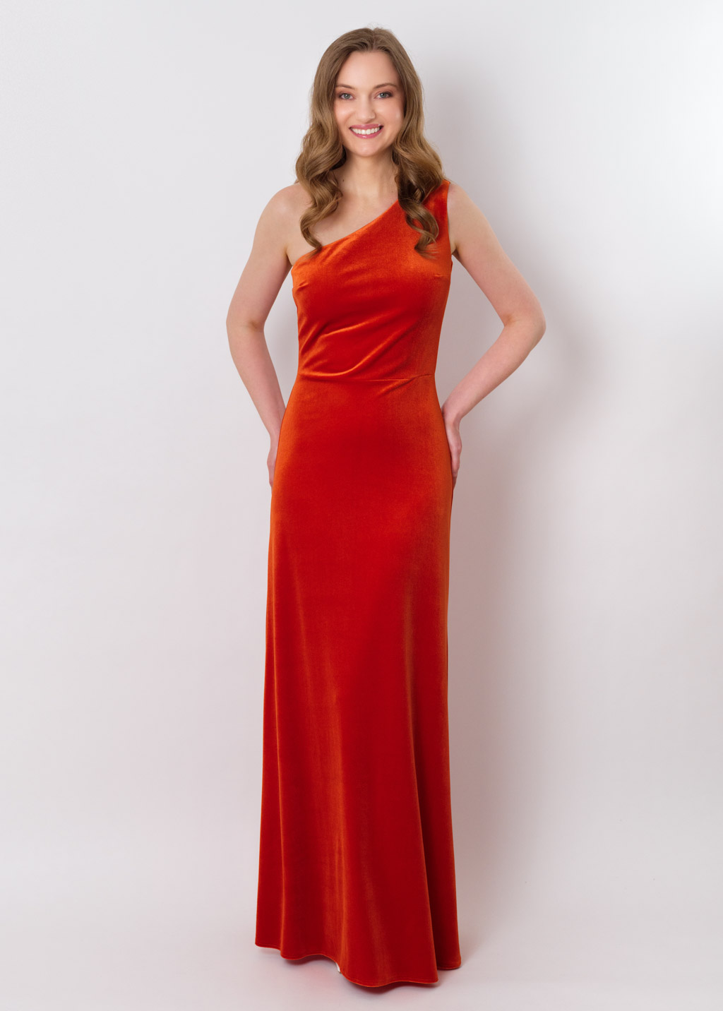 Rust orange velvet one shoulder dress