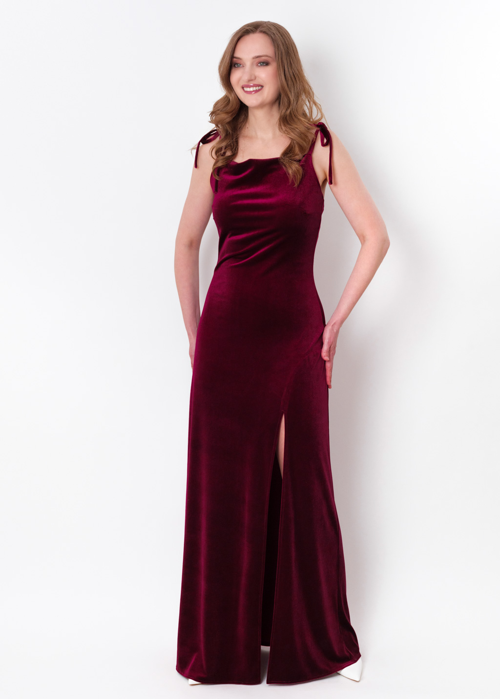 Plum burgundy slip slit velvet bodycon long dress