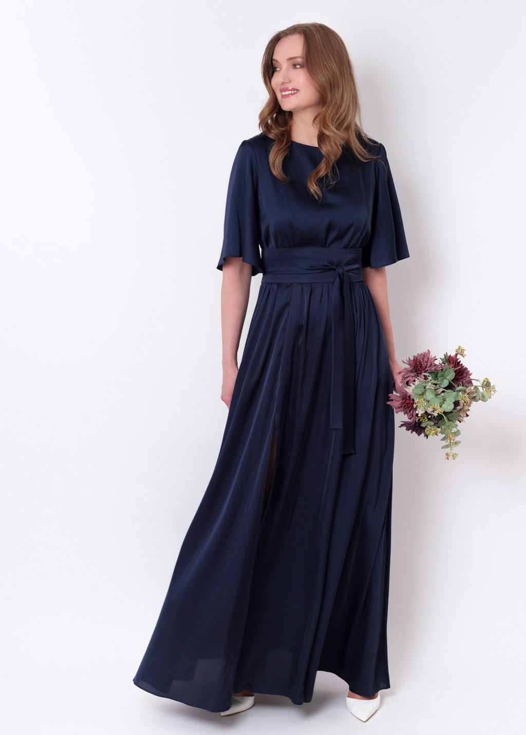 Navy blue slit silk dress with belt