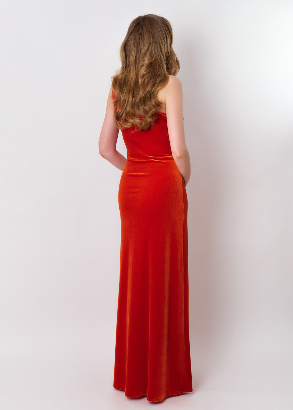 Rust orange velvet one shoulder dress