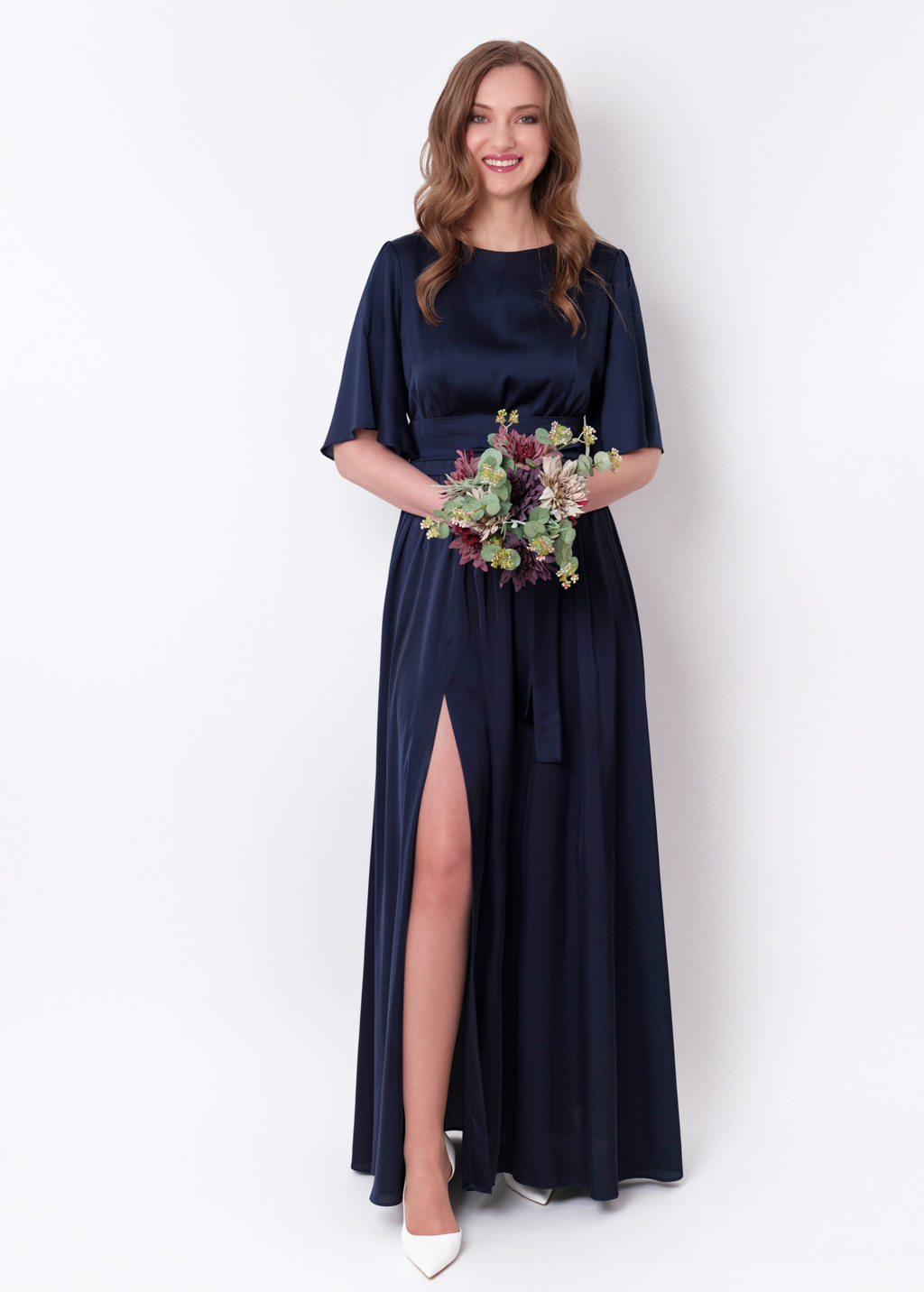 Navy blue slit silk dress with belt