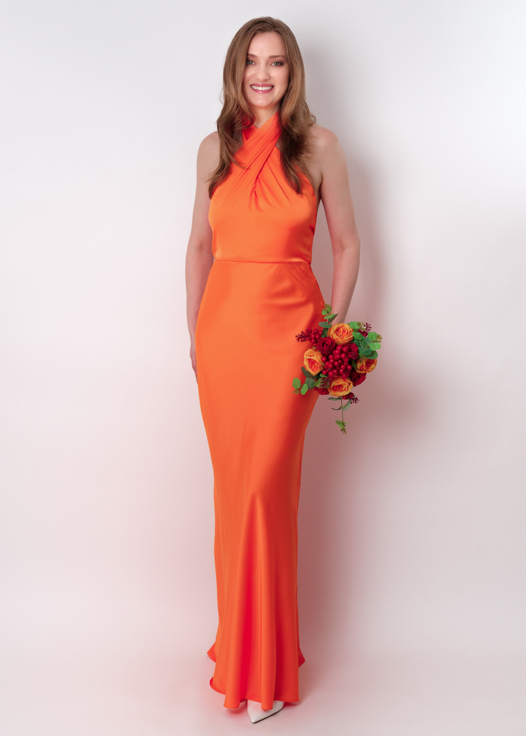 Orange silk long halter dress