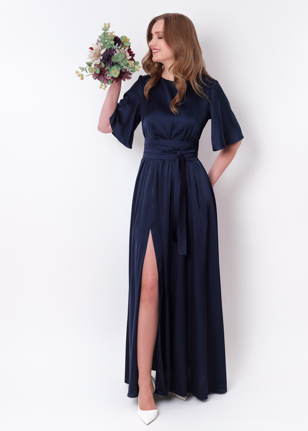 Navy blue slit silk dress with belt