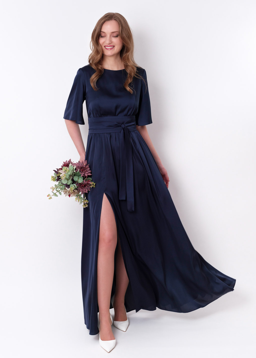 Navy blue slit silk dress with belt