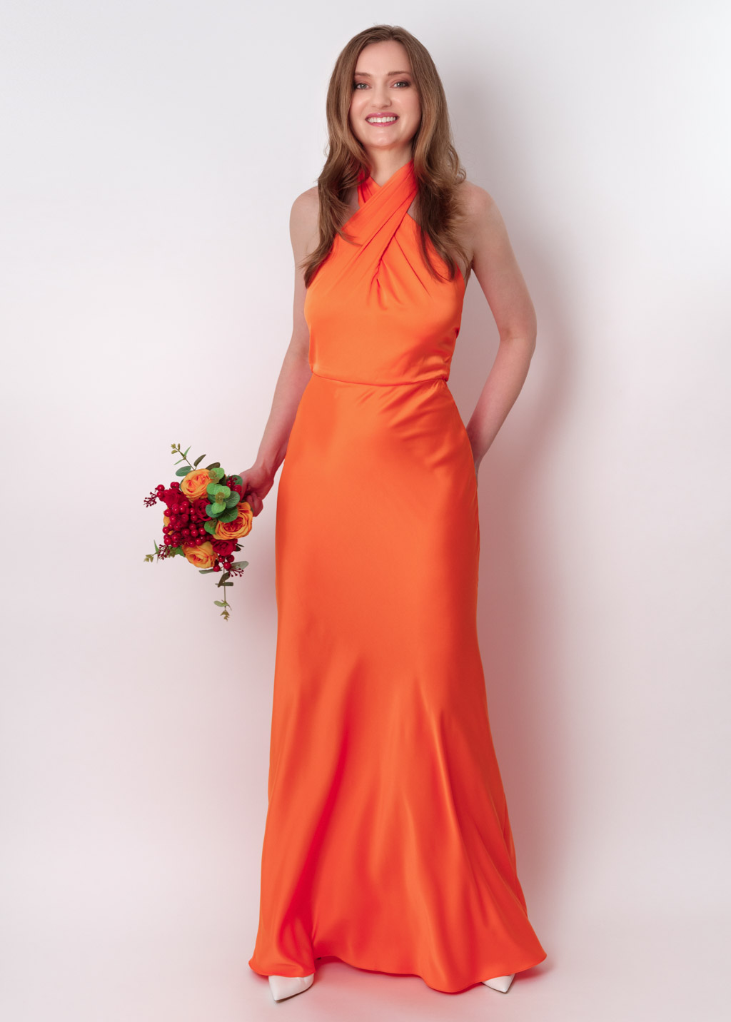 Orange silk long halter dress