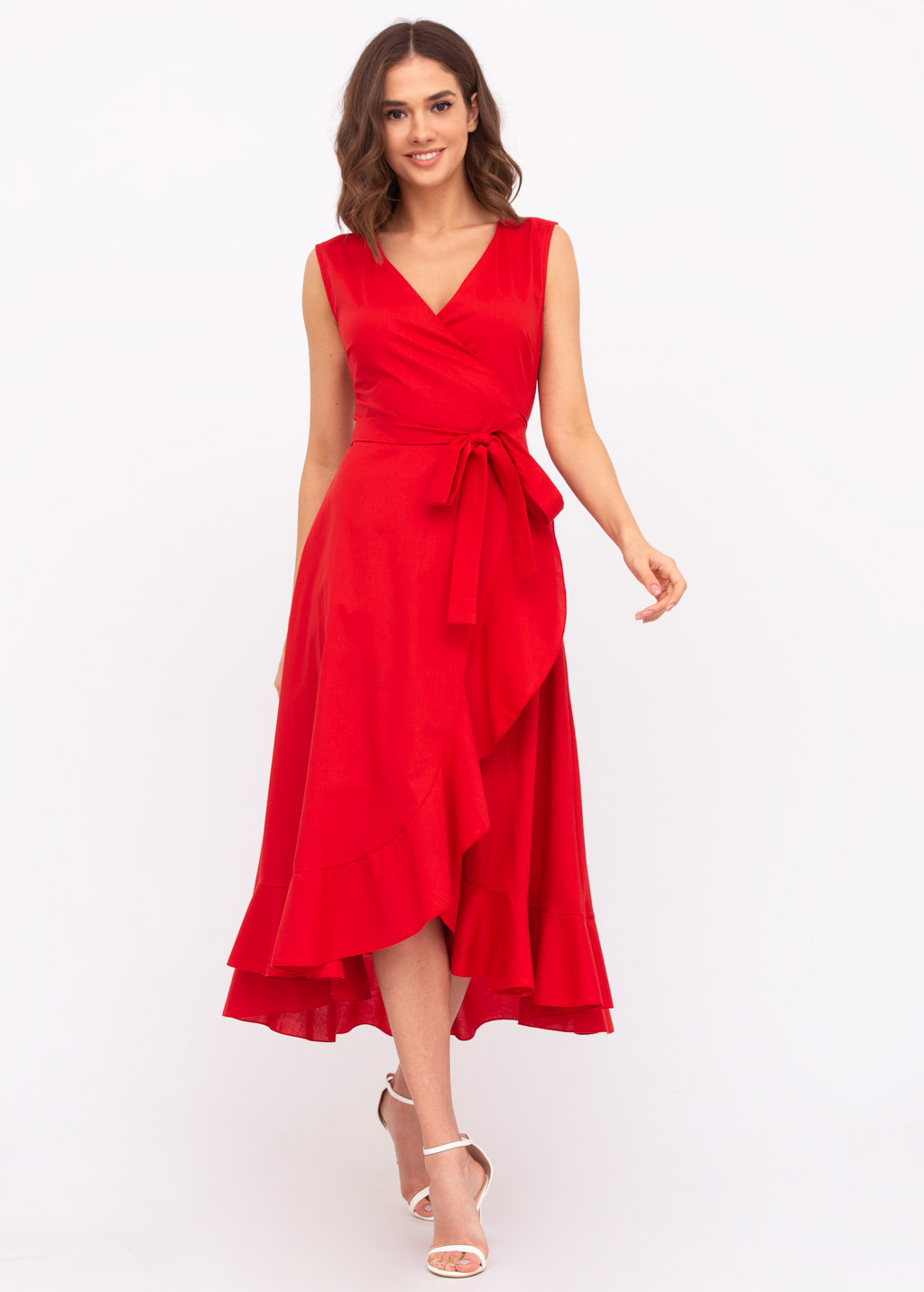 Red organic cotton midi wrap dress