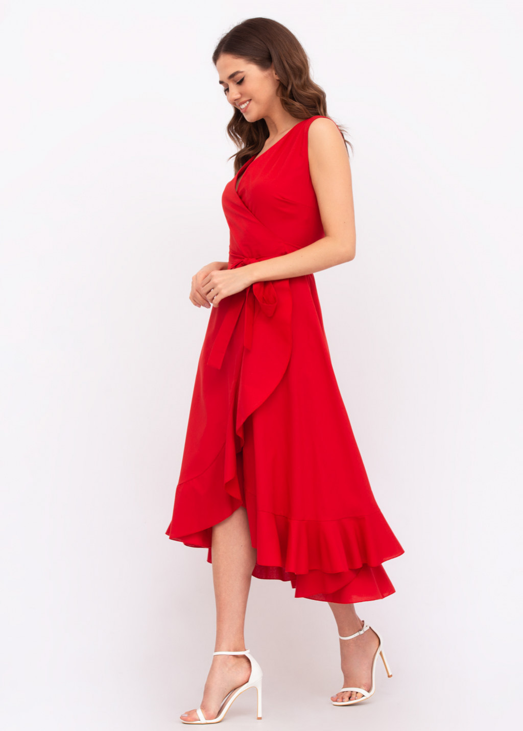 Red organic cotton midi wrap dress
