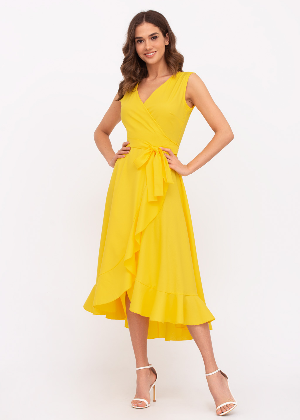 Yellow organic cotton midi wrap dress