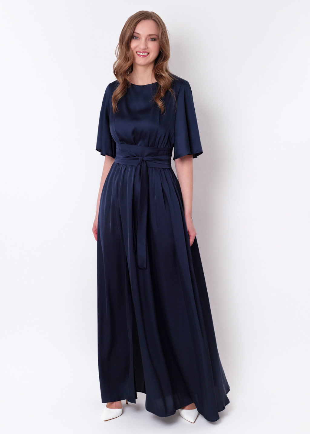 Navy blue slit silk dress with belt