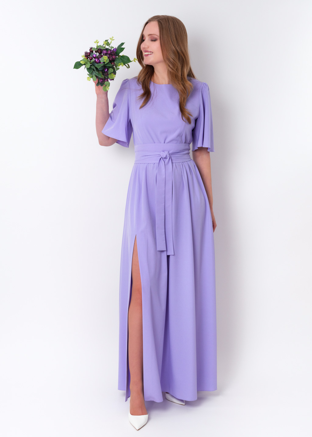 Light purple long slit dress with belt