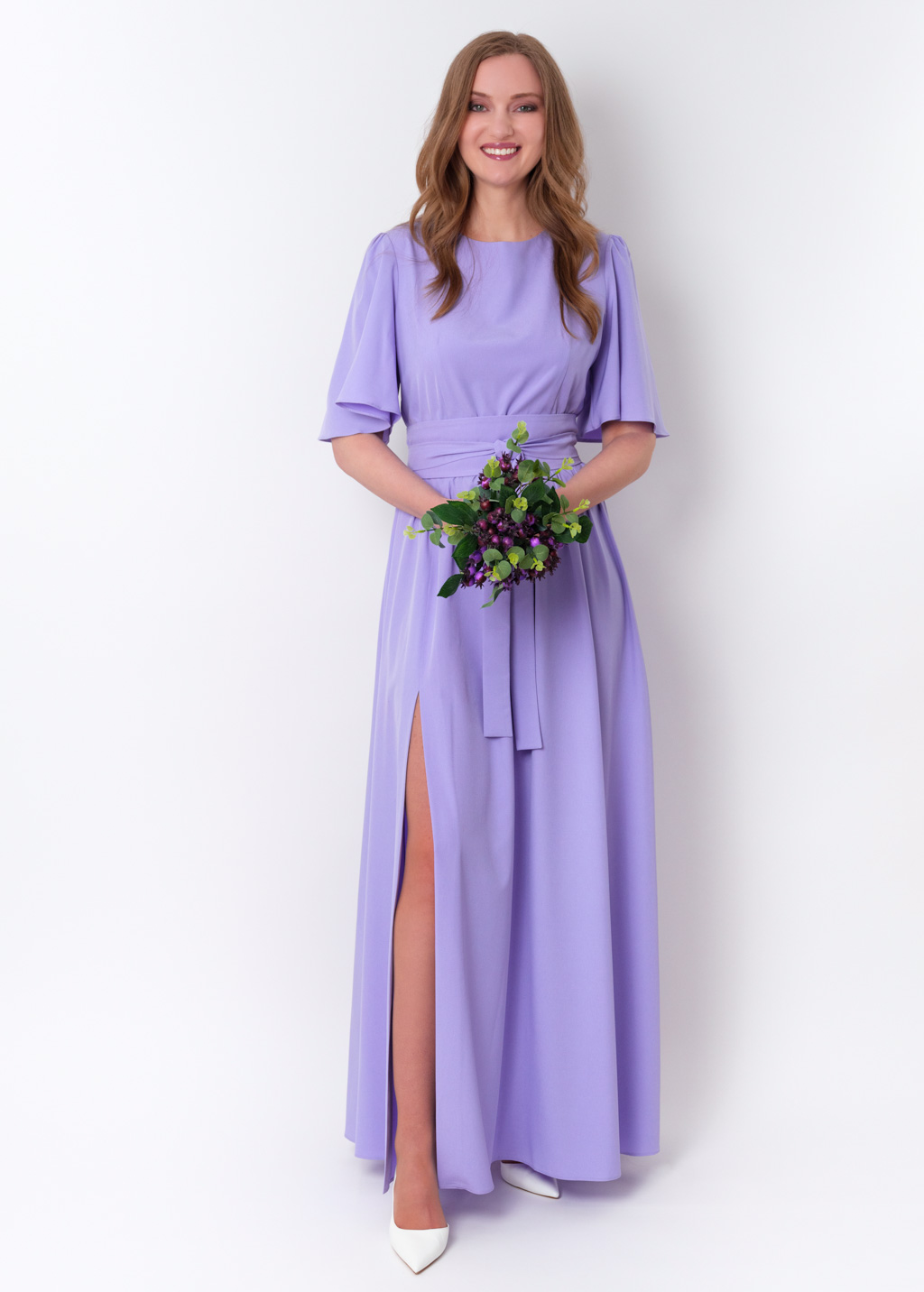Light purple long slit dress with belt