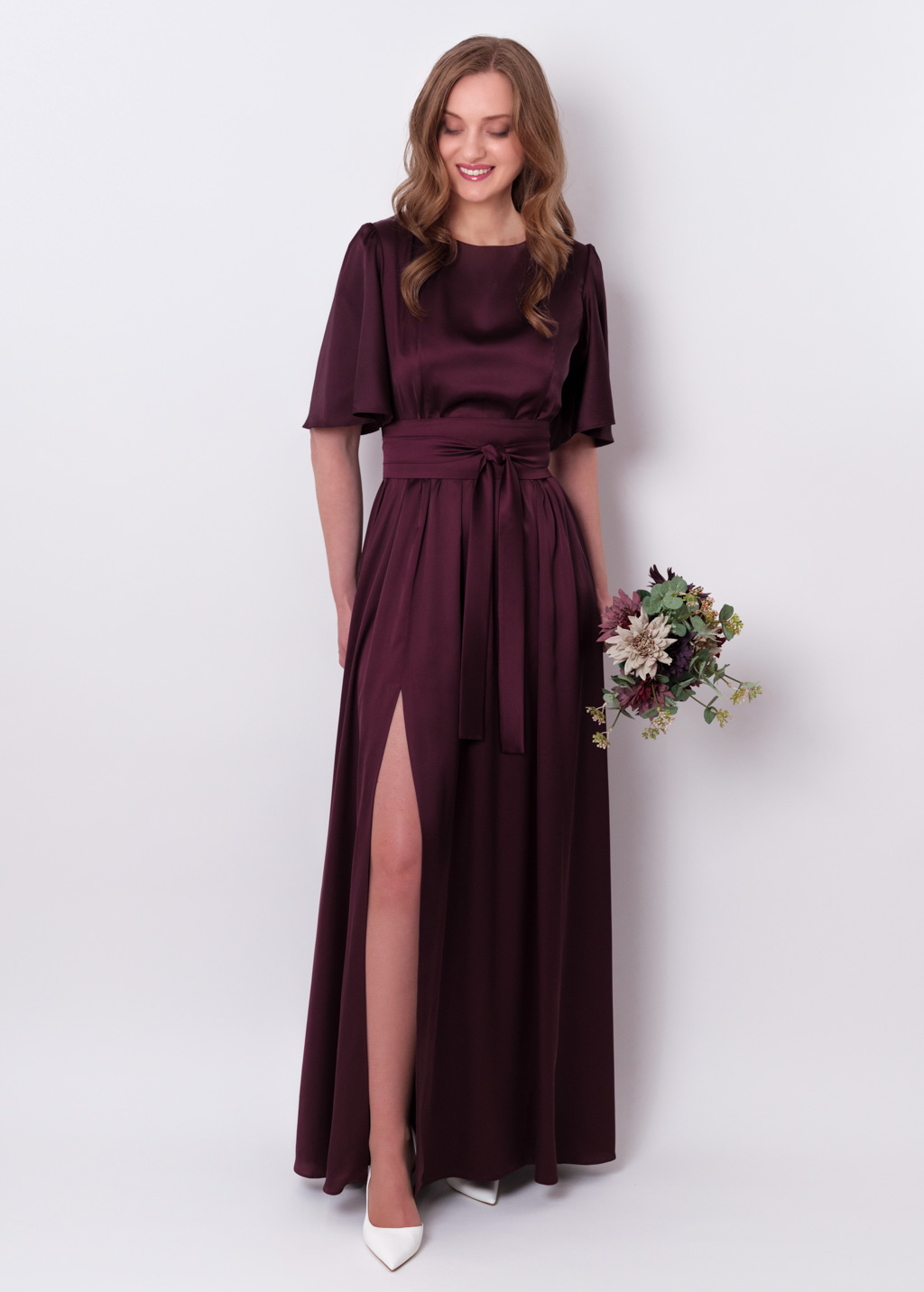 Dark burgundy slit silk dress with belt