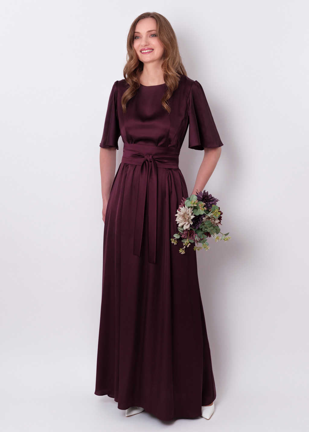 Dark burgundy silk dress with belt