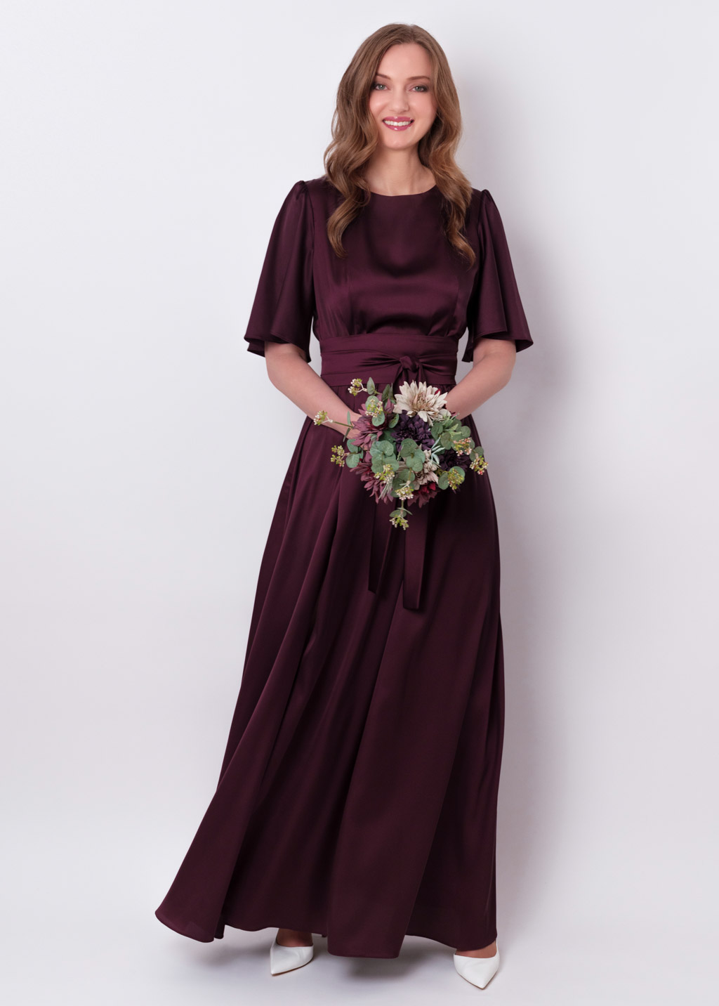 Dark burgundy silk dress with belt