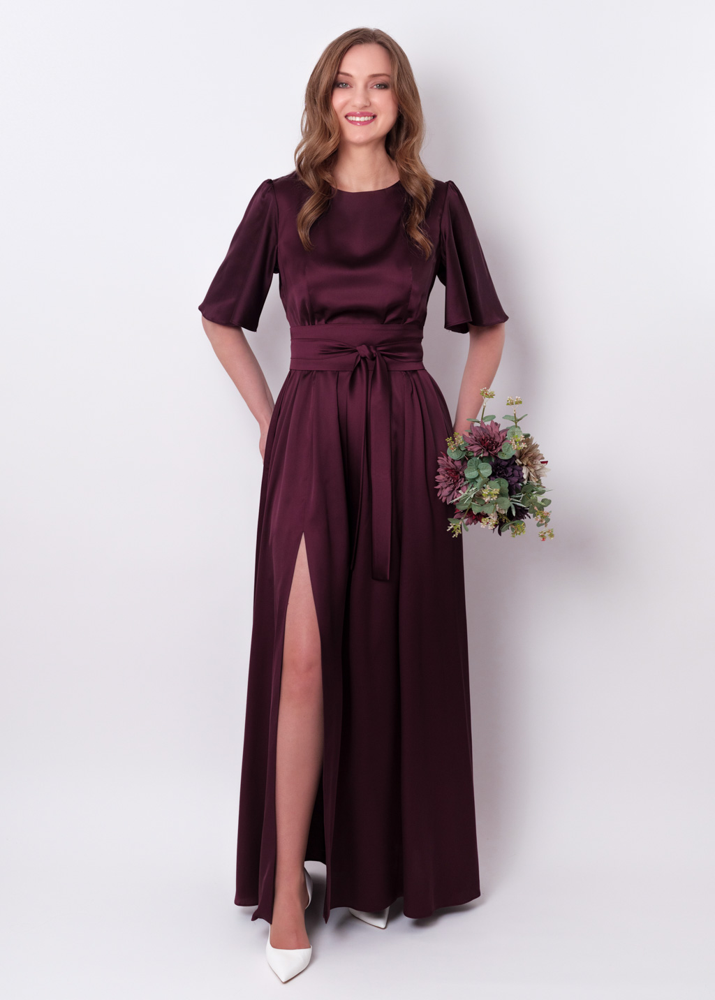 Dark burgundy slit silk dress with belt